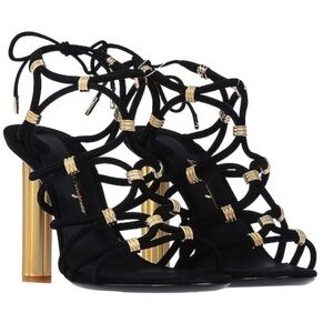 Ferragamo black suede with gold detail and gold heel sandal